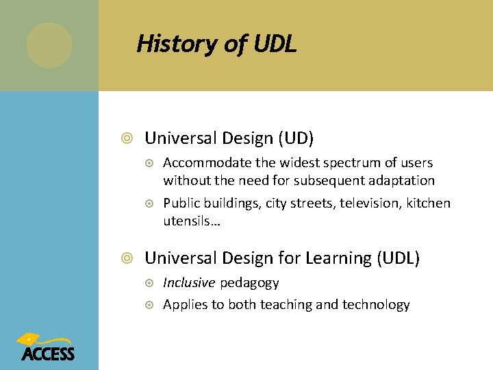 History of UDL Universal Design (UD) Accommodate the widest spectrum of users without the