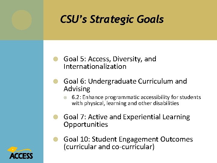 CSU’s Strategic Goals Goal 5: Access, Diversity, and Internationalization Goal 6: Undergraduate Curriculum and