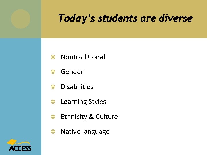 Today’s students are diverse Nontraditional Gender Disabilities Learning Styles Ethnicity & Culture Native language