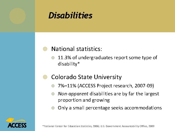 Disabilities National statistics: 11. 3% of undergraduates report some type of disability* Colorado State