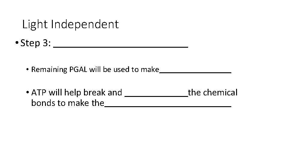 Light Independent • Step 3: • Remaining PGAL will be used to make •