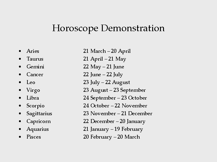 Horoscope Demonstration • • • Aries Taurus Gemini Cancer Leo Virgo Libra Scorpio Sagittarius