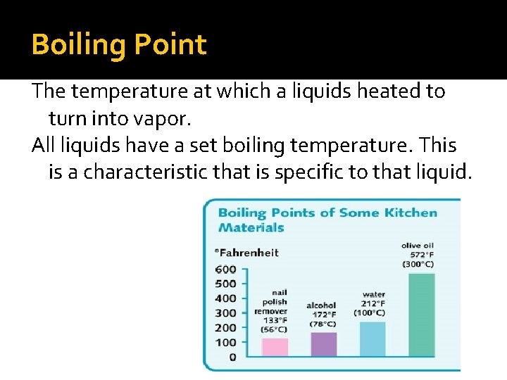 Boiling Point The temperature at which a liquids heated to turn into vapor. All