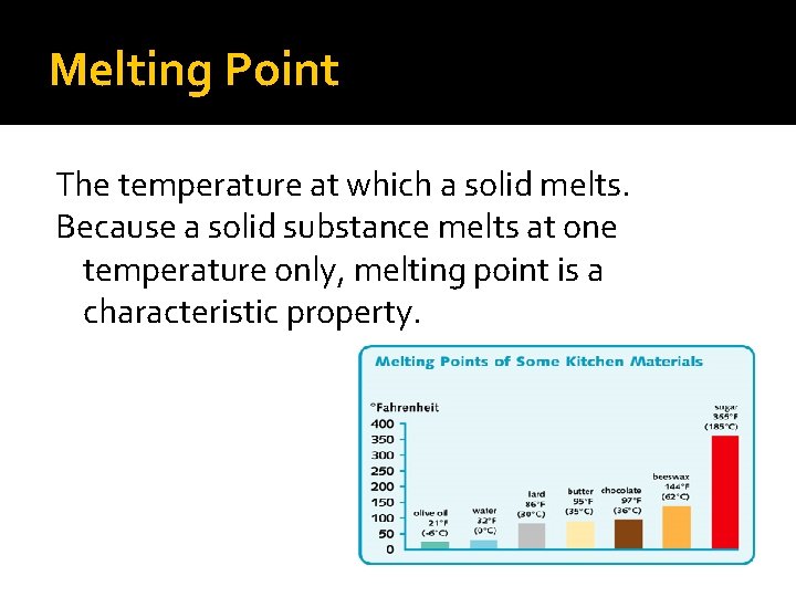 Melting Point The temperature at which a solid melts. Because a solid substance melts