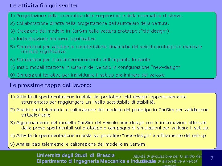 Le attività fin qui svolte: 1) Progettazione della cinematica delle sospensioni e della cinematica