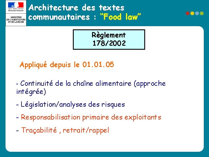 Architecture des textes communautaires : “Food law” Règlement 178/2002 Appliqué depuis le 01. 05