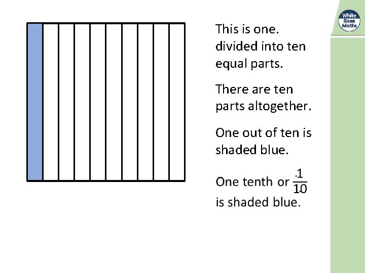 This is one divided into ten equal parts. There are ten parts altogether. One