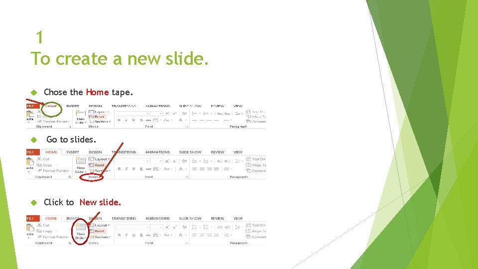 1 To create a new slide. Chose the Home tape. Go to slides. Click