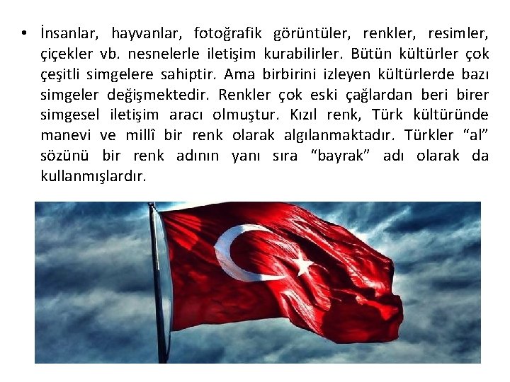  • İnsanlar, hayvanlar, fotoğrafik görüntüler, renkler, resimler, çiçekler vb. nesnelerle iletişim kurabilirler. Bütün