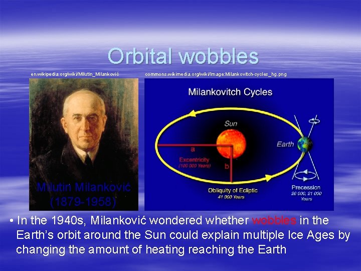 Orbital wobbles en. wikipedia. org/wiki/Milutin_Milanković commons. wikimedia. org/wiki/Image: Milankovitch-cycles_hg. png Milutin Milanković (1879 -1958)