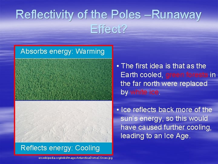 Reflectivity of the Poles –Runaway Effect? Absorbs energy: Warming • The first idea is