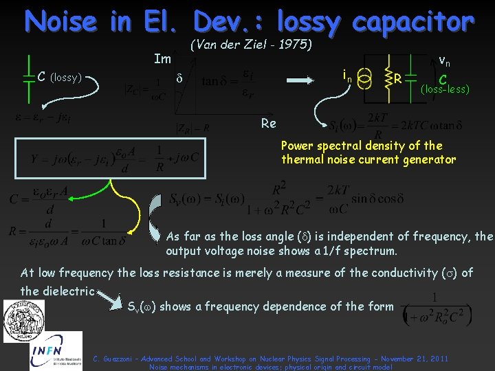 Noise in El. Dev. : lossy capacitor (Van der Ziel - 1975) Im C Noise in El. Dev. : lossy capacitor (Van der Ziel - 1975) Im C
