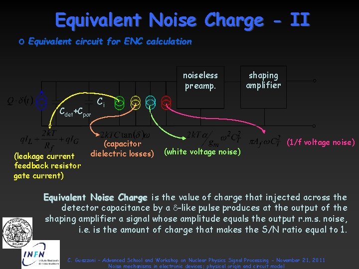 Equivalent Noise Charge - II o Equivalent circuit for ENC calculation noiseless preamp. Cdet+Cpar Equivalent Noise Charge - II o Equivalent circuit for ENC calculation noiseless preamp. Cdet+Cpar