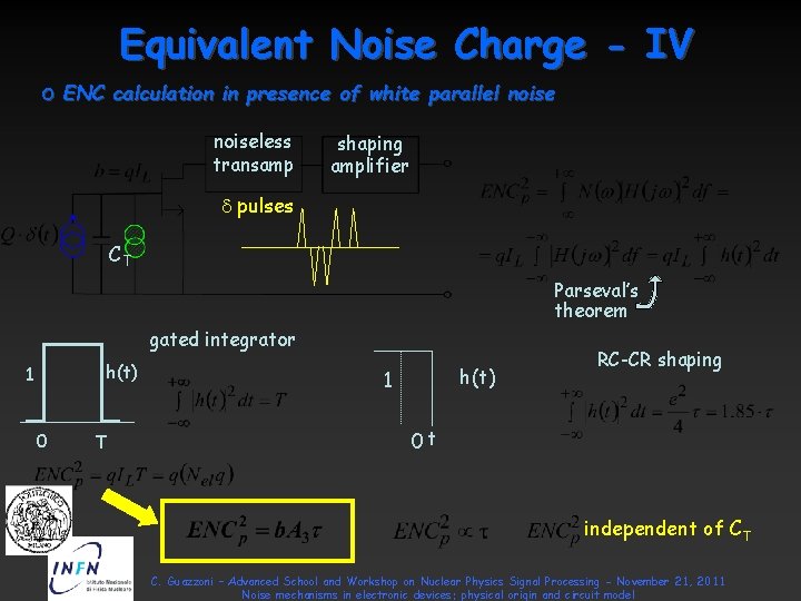 Equivalent Noise Charge - IV o ENC calculation in presence of white parallel noiseless Equivalent Noise Charge - IV o ENC calculation in presence of white parallel noiseless