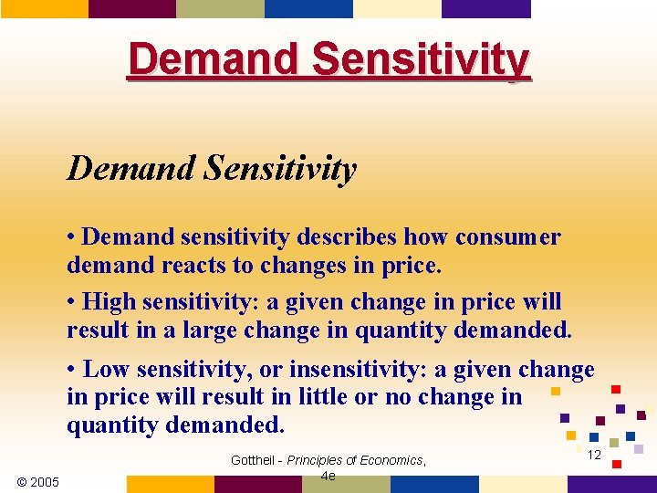Demand Sensitivity • Demand sensitivity describes how consumer demand reacts to changes in price. Demand Sensitivity • Demand sensitivity describes how consumer demand reacts to changes in price.