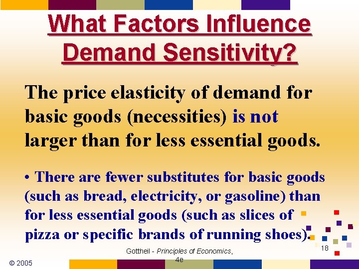 What Factors Influence Demand Sensitivity? The price elasticity of demand for basic goods (necessities) What Factors Influence Demand Sensitivity? The price elasticity of demand for basic goods (necessities)