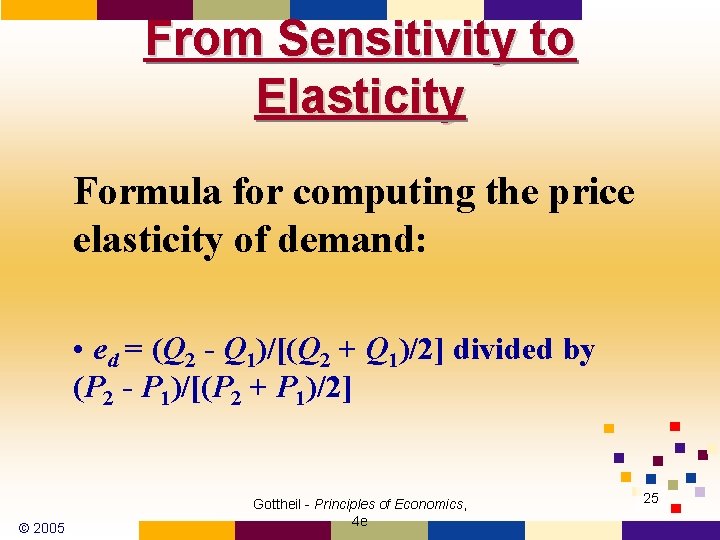 From Sensitivity to Elasticity Formula for computing the price elasticity of demand: • ed From Sensitivity to Elasticity Formula for computing the price elasticity of demand: • ed