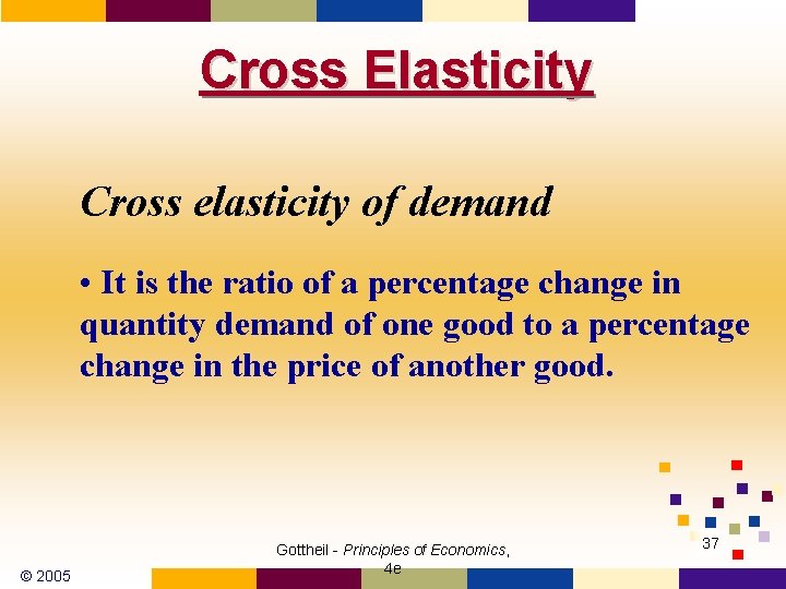 Cross Elasticity Cross elasticity of demand • It is the ratio of a percentage Cross Elasticity Cross elasticity of demand • It is the ratio of a percentage