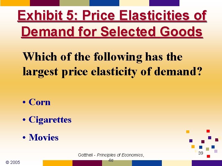Exhibit 5: Price Elasticities of Demand for Selected Goods Which of the following has Exhibit 5: Price Elasticities of Demand for Selected Goods Which of the following has
