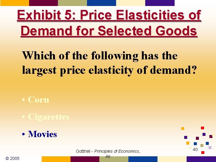 Exhibit 5: Price Elasticities of Demand for Selected Goods Which of the following has Exhibit 5: Price Elasticities of Demand for Selected Goods Which of the following has
