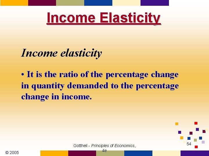 Income Elasticity Income elasticity • It is the ratio of the percentage change in Income Elasticity Income elasticity • It is the ratio of the percentage change in