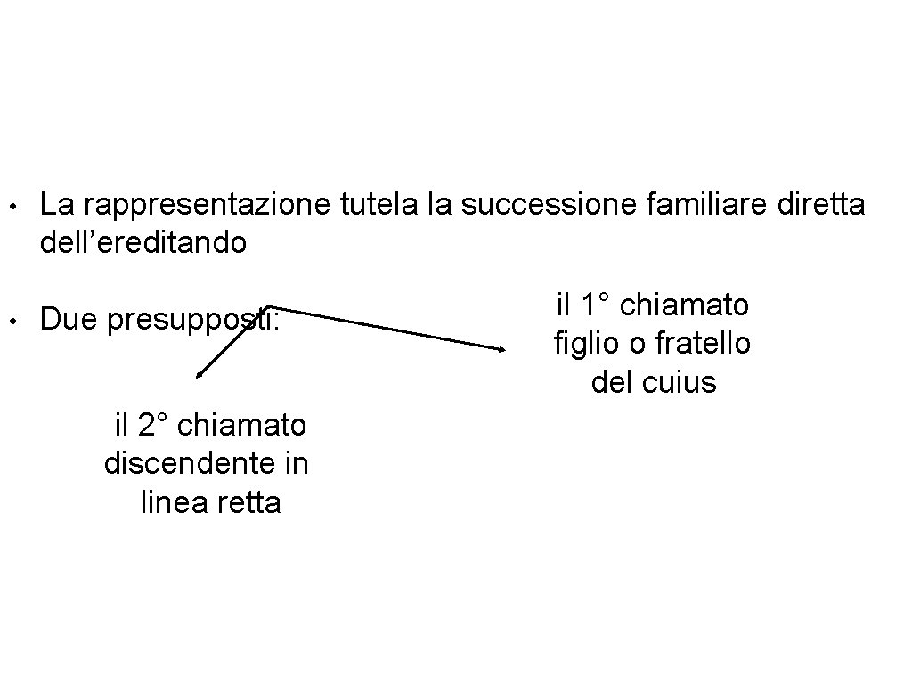  • • La rappresentazione tutela la successione familiare diretta dell’ereditando Due presupposti: il