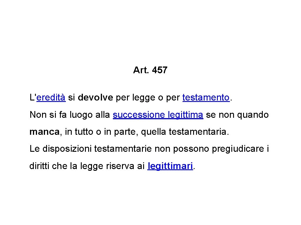 Art. 457 L'eredità si devolve per legge o per testamento. Non si fa luogo