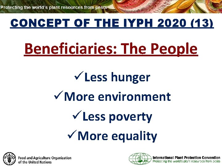 CONCEPT OF THE IYPH 2020 (13) Beneficiaries: The People üLess hunger üMore environment üLess