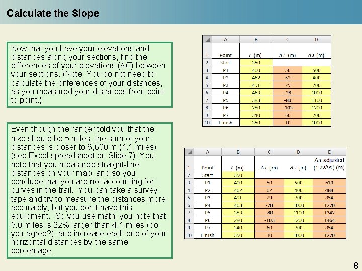Calculate the Slope Now that you have your elevations and distances along your sections,