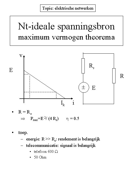 Topic: elektrische netwerken Nt-ideale spanningsbron maximum vermogen theorema v Rs E R Ik E