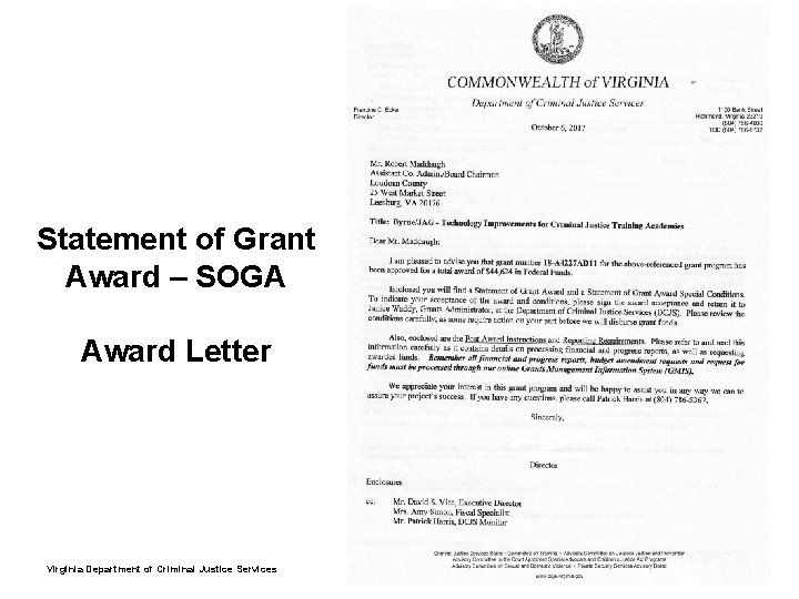 Statement of Grant Award – SOGA Award Letter Virginia Department of Criminal Justice Services