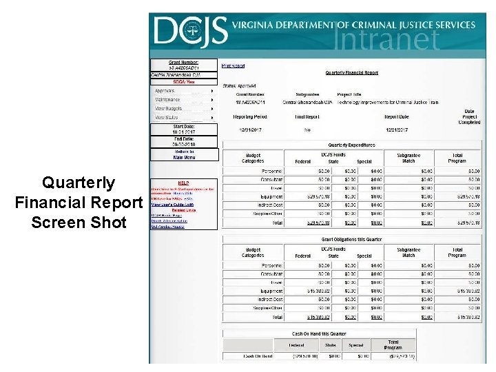Quarterly Financial Report Screen Shot Virginia Department of Criminal Justice Services www. dcjs. virginia.