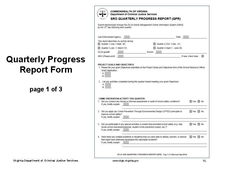 Quarterly Progress Report Form page 1 of 3 Virginia Department of Criminal Justice Services