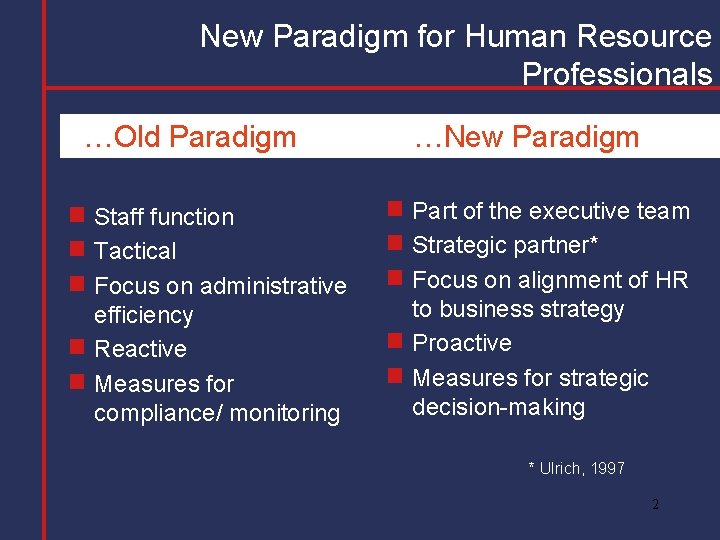 New Paradigm for Human Resource Professionals …Old Paradigm g g g Staff function Tactical
