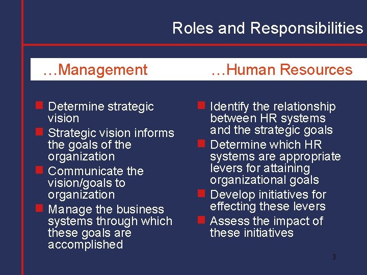 Roles and Responsibilities …Management Determine strategic vision g Strategic vision informs the goals of