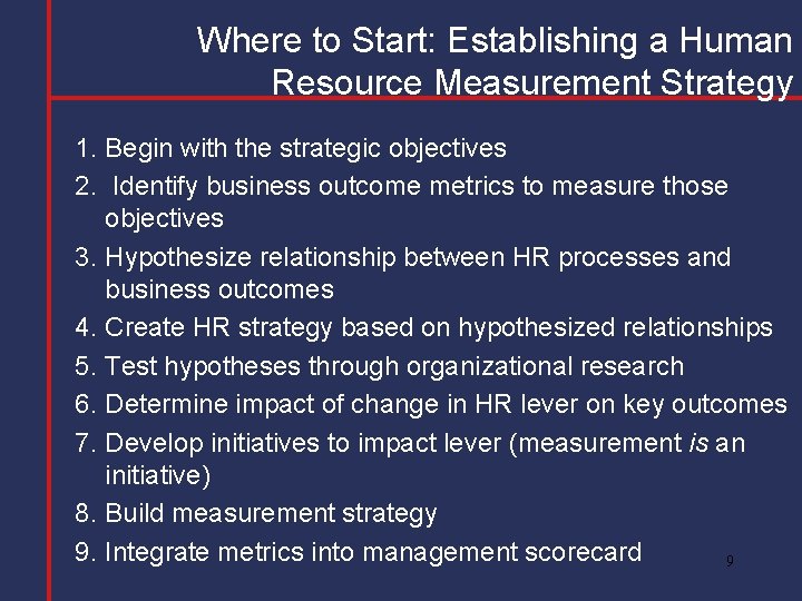 Where to Start: Establishing a Human Resource Measurement Strategy 1. Begin with the strategic