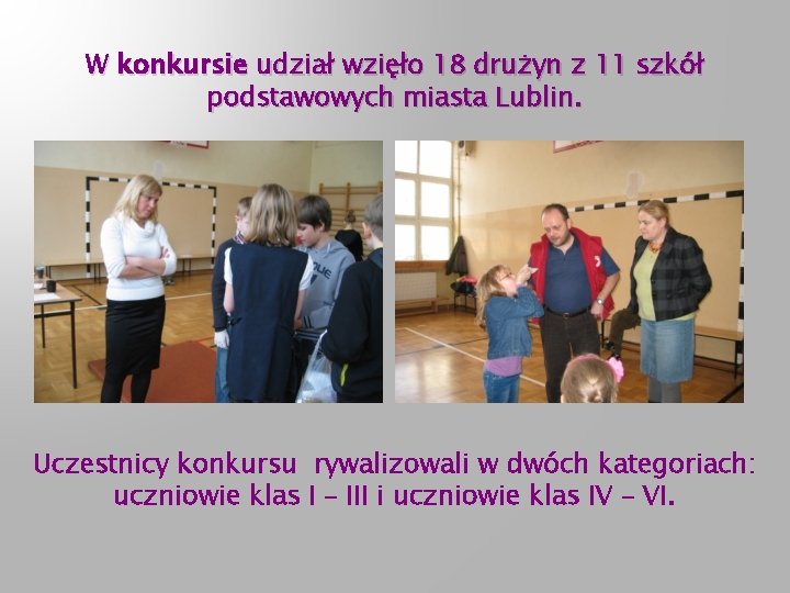 W konkursie udział wzięło 18 drużyn z 11 szkół podstawowych miasta Lublin. Uczestnicy konkursu