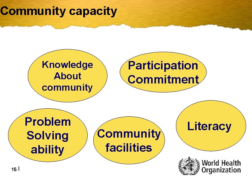 Community capacity Knowledge About community Problem Solving ability 15 | Participation Commitment Community facilities