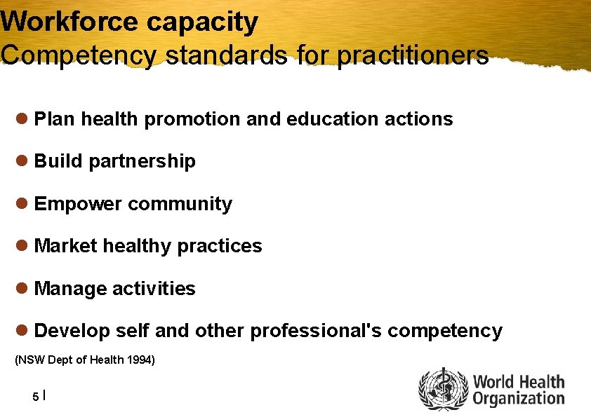 Workforce capacity Competency standards for practitioners l Plan health promotion and education actions l