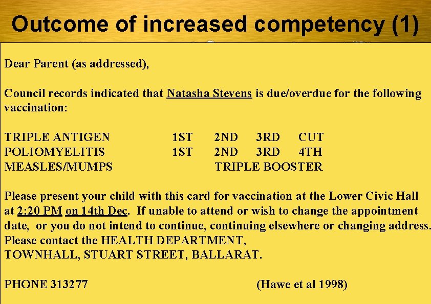 Outcome of increased competency (1) Dear Parent (as addressed), Council records indicated that Natasha