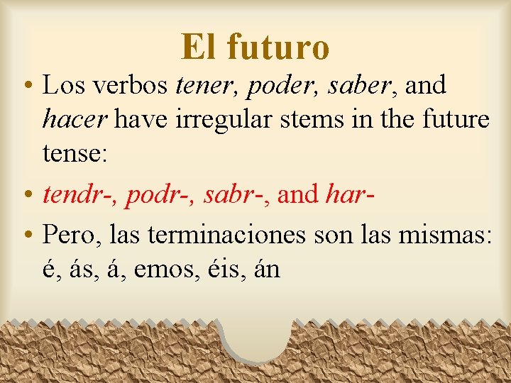 El futuro • Los verbos tener, poder, saber, and hacer have irregular stems in