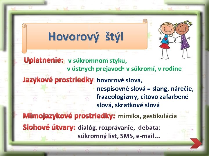 Hovorový štýl Uplatnenie: v súkromnom styku, v ústnych prejavoch v súkromí, v rodine Jazykové