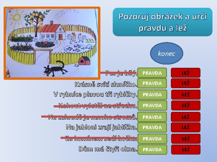 Pozoruj obrázek a urči pravdu a lež konec Pes je bílý. PRAVDA LEŽ Krásně