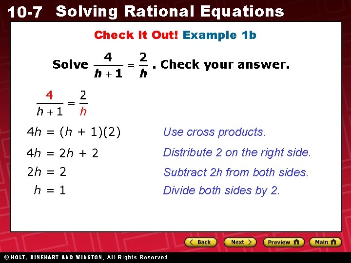 10 -7 Solving Rational Equations Check It Out! Example 1 b Solve . Check