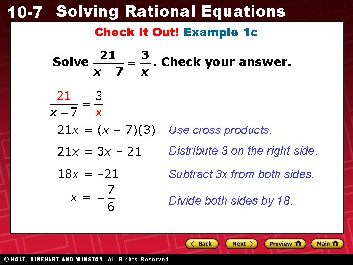 10 -7 Solving Rational Equations Check It Out! Example 1 c Solve . Check