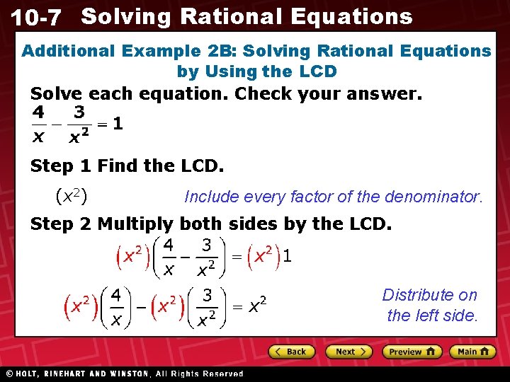 10 -7 Solving Rational Equations Additional Example 2 B: Solving Rational Equations by Using