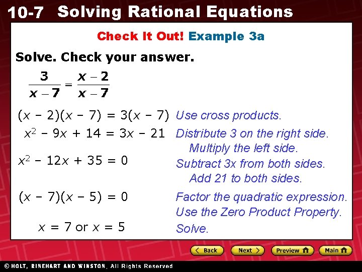 10 -7 Solving Rational Equations Check It Out! Example 3 a Solve. Check your