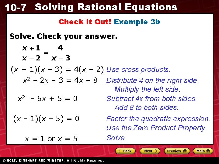 10 -7 Solving Rational Equations Check It Out! Example 3 b Solve. Check your