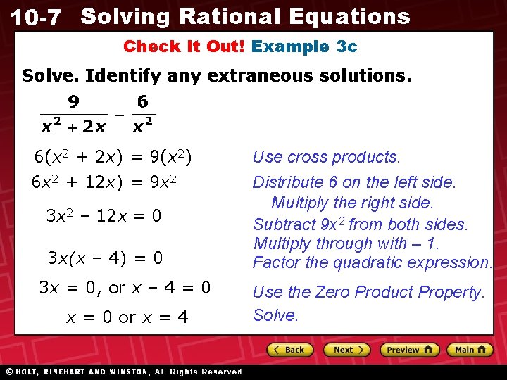 10 -7 Solving Rational Equations Check It Out! Example 3 c Solve. Identify any