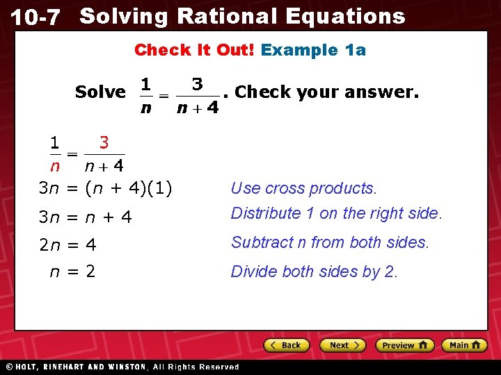 10 -7 Solving Rational Equations Check It Out! Example 1 a Solve 3 n